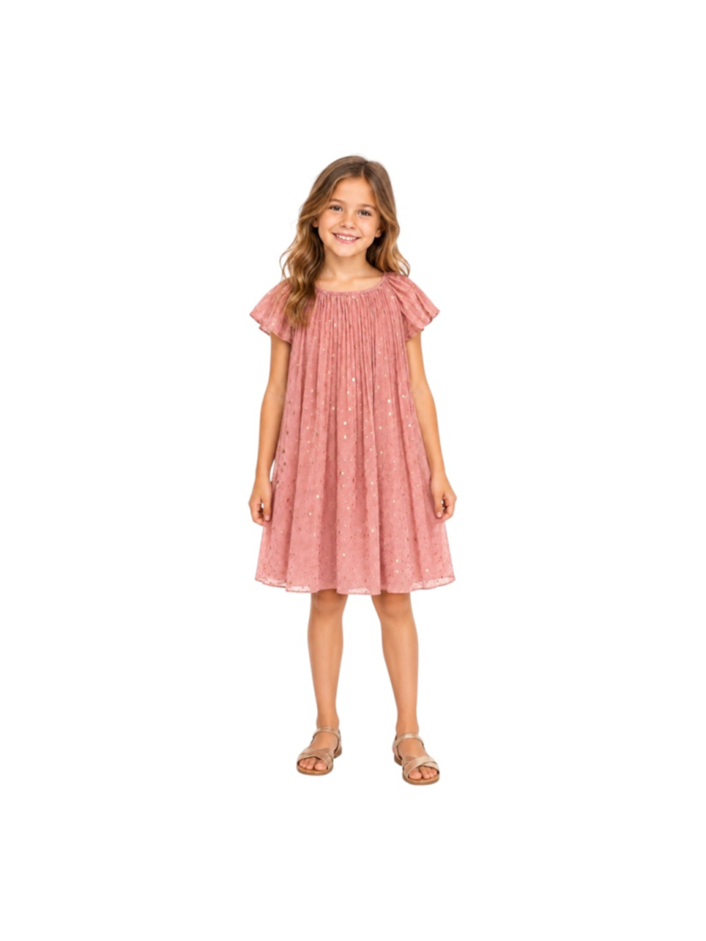 H&M Girls 8/9Y Dusty Pink Gold Star Flutter Sleeve Party Dress
